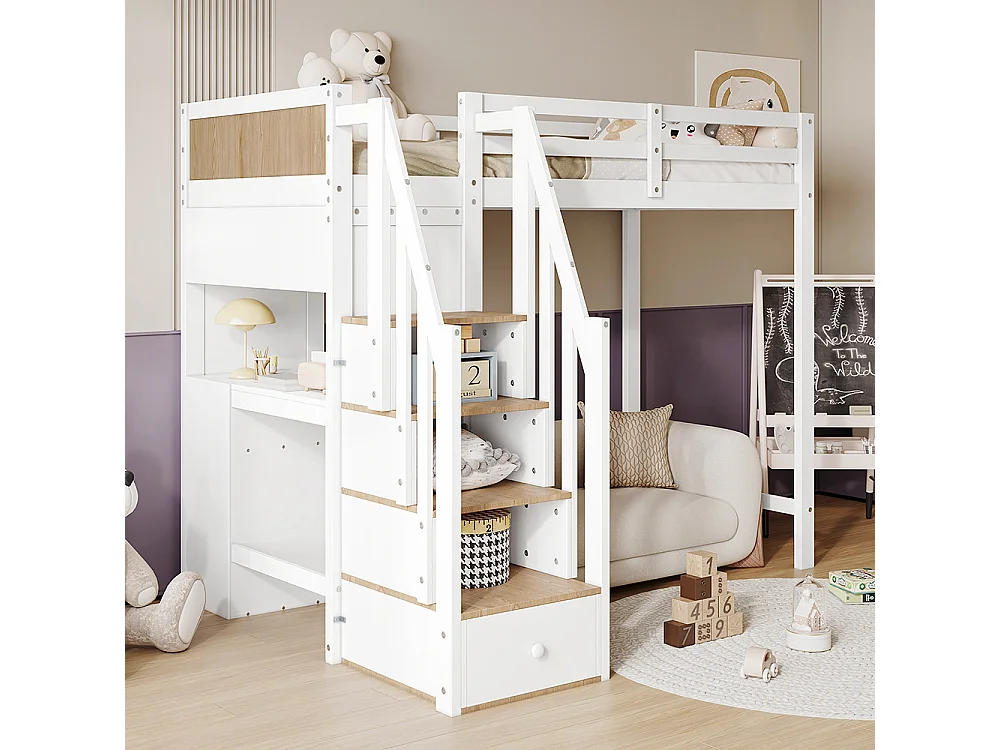 Lit superposé pour enfants 90x200cm, bureau avec 3 tiroirs, armoire à échelle 4 sections, étagères ouvertes, blanc + couleurs naturelles