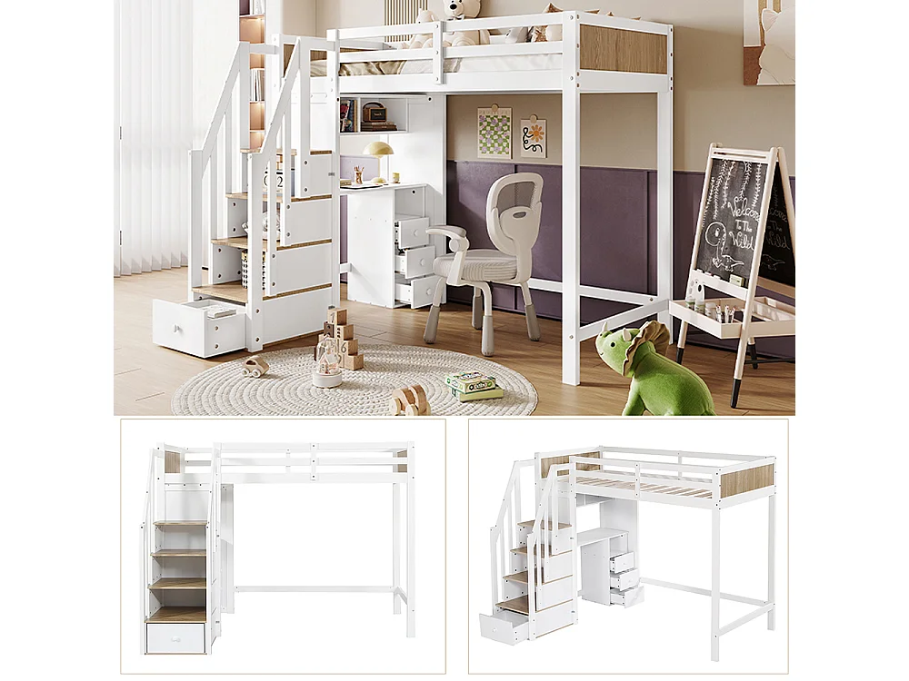 Lit superposé pour enfants 90x200cm, bureau avec 3 tiroirs, armoire à échelle 4 sections, étagères ouvertes, blanc + couleurs naturelles