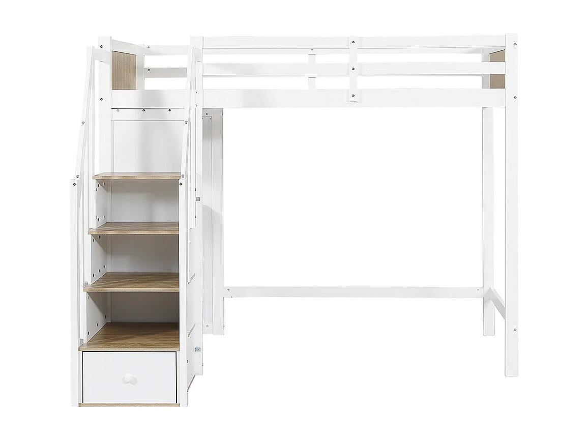 Lit superposé pour enfants 90x200cm, bureau avec 3 tiroirs, armoire à échelle 4 sections, étagères ouvertes, blanc + couleurs naturelles