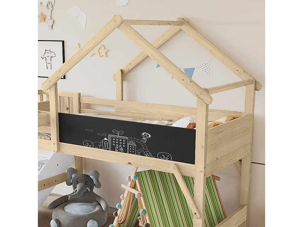 Beliche para crianças 90x200cm, com calhas, design único do teto, com 3 armários de arrumação, branco + cores naturais