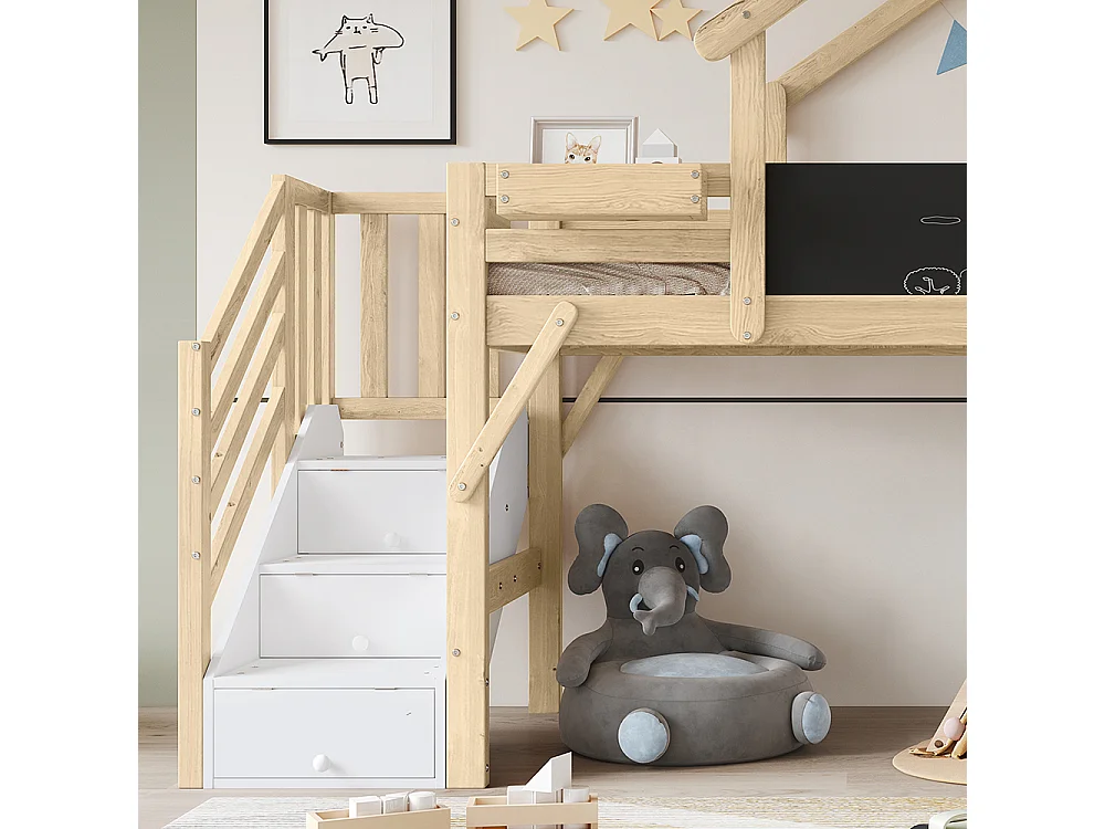 Beliche para crianças 90x200cm, com calhas, design único do teto, com 3 armários de arrumação, branco + cores naturais