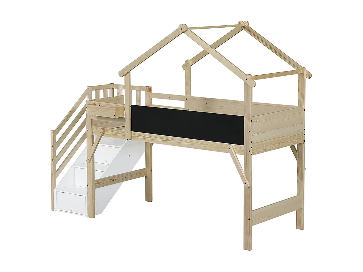 Beliche para crianças 90x200cm, com calhas, design único do teto, com 3 armários de arrumação, branco + cores naturais