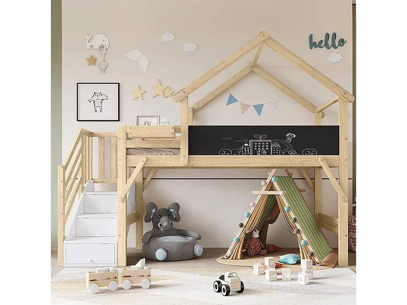 Beliche para crianças 90x200cm, com calhas, design único do teto, com 3 armários de arrumação, branco + cores naturais