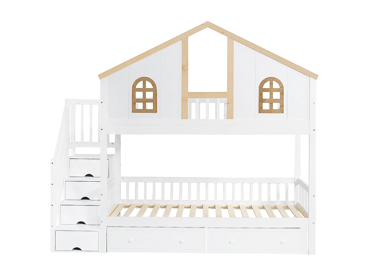 Lit superposé pour enfants avec barrières de sécurité assorties, fenêtre, deux tiroirs sur roulettes, échelle inclinée, blanc + naturel, 90x200 cm