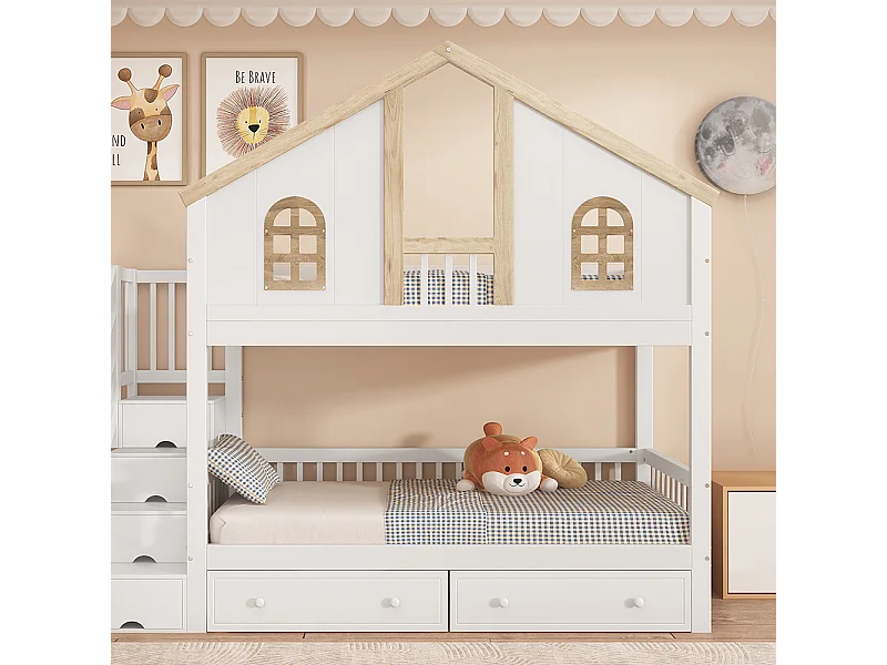 Lit superposé pour enfants avec barrières de sécurité assorties, fenêtre, deux tiroirs sur roulettes, échelle inclinée, blanc + naturel, 90x200 cm