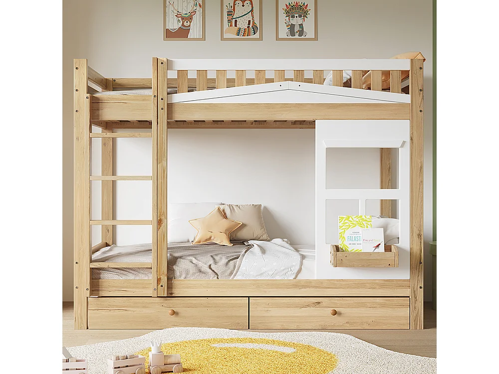 Lit superposé pour enfants 90x200 cm, avec fenêtre, rails anti-chute, rails robustes, deux tiroirs sur roulettes, pin + MDF, blanc + naturel