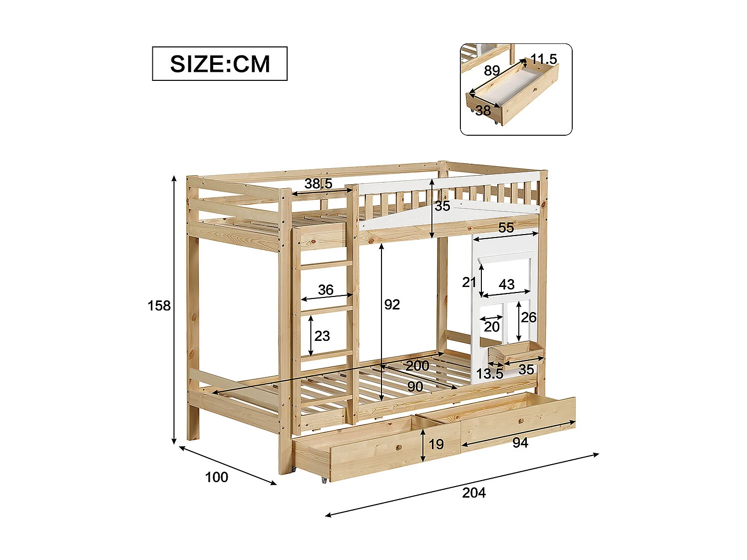 Lit superposé pour enfants 90x200 cm, avec fenêtre, rails anti-chute, rails robustes, deux tiroirs sur roulettes, pin + MDF, blanc + naturel