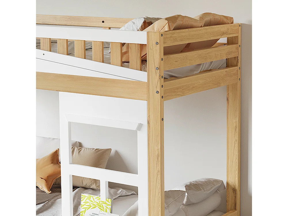 Lit superposé pour enfants 90x200 cm, avec fenêtre, rails anti-chute, rails robustes, deux tiroirs sur roulettes, pin + MDF, blanc + naturel