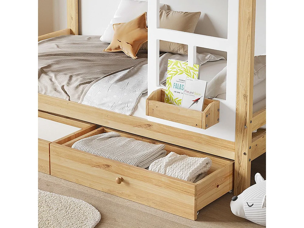 Lit superposé pour enfants 90x200 cm, avec fenêtre, rails anti-chute, rails robustes, deux tiroirs sur roulettes, pin + MDF, blanc + naturel