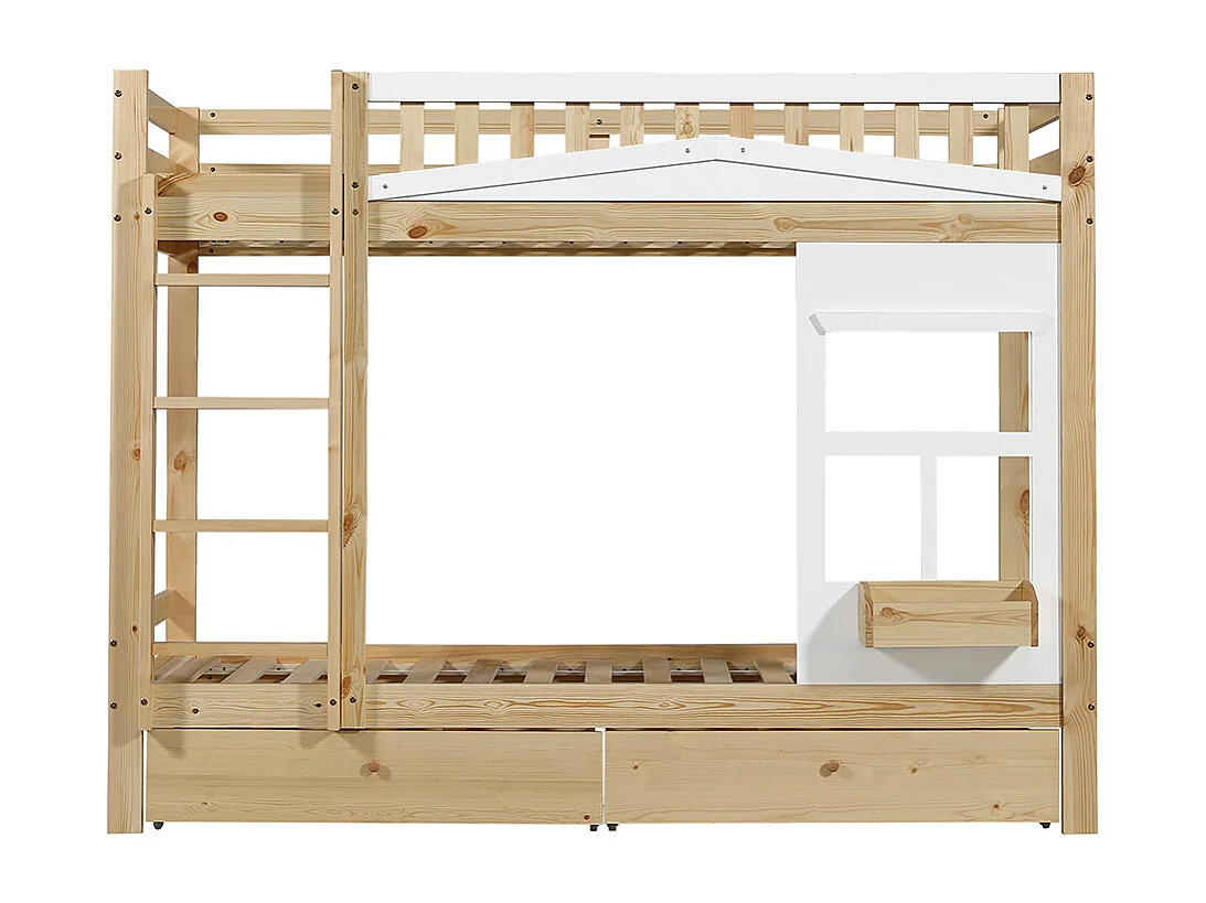 Lit superposé pour enfants 90x200 cm, avec fenêtre, rails anti-chute, rails robustes, deux tiroirs sur roulettes, pin + MDF, blanc + naturel