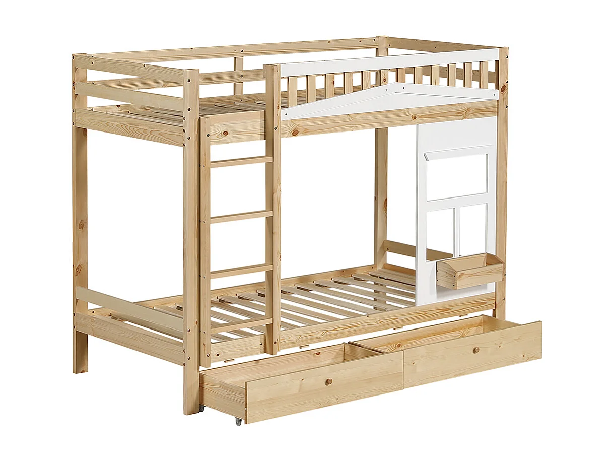 Lit superposé pour enfants 90x200 cm, avec fenêtre, rails anti-chute, rails robustes, deux tiroirs sur roulettes, pin + MDF, blanc + naturel