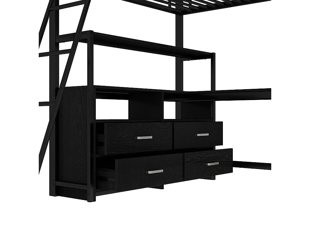 Lit mezzanine 140*200 cm, cadre de lit en fer, tiroirs pratiques, bureau élégant en forme de L, design stratifié, matelas non inclus, noir