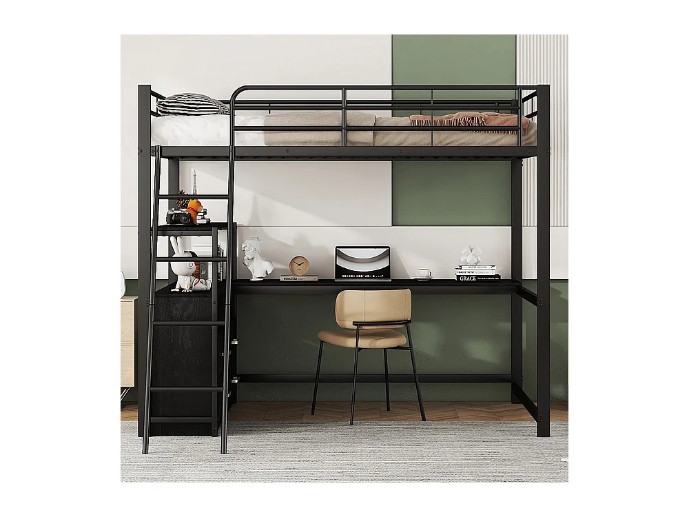 Lit mezzanine 140*200 cm, cadre de lit en fer, tiroirs pratiques, bureau élégant en forme de L, design stratifié, matelas non inclus, noir
