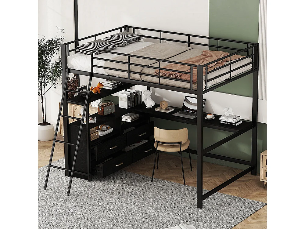 Lit mezzanine 140*200 cm, cadre de lit en fer, tiroirs pratiques, bureau élégant en forme de L, design stratifié, matelas non inclus, noir