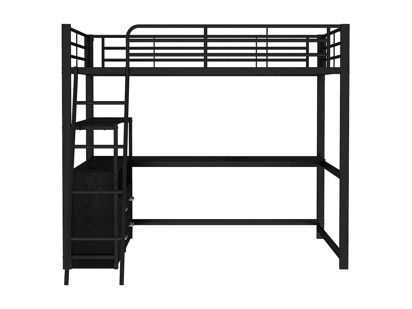 Lit mezzanine 140*200 cm, cadre de lit en fer, tiroirs pratiques, bureau élégant en forme de L, design stratifié, matelas non inclus, noir