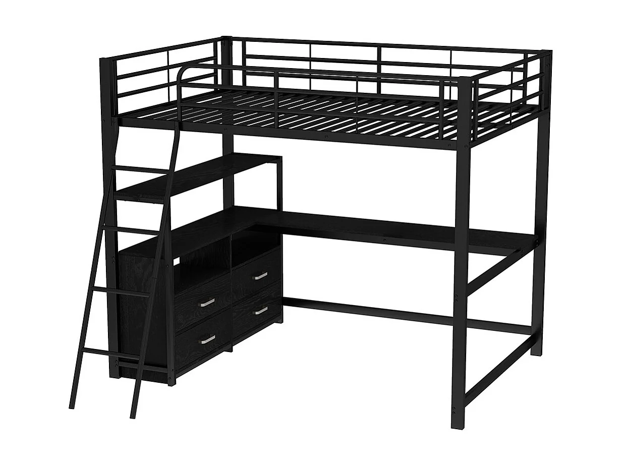 Lit mezzanine 140*200 cm, cadre de lit en fer, tiroirs pratiques, bureau élégant en forme de L, design stratifié, matelas non inclus, noir