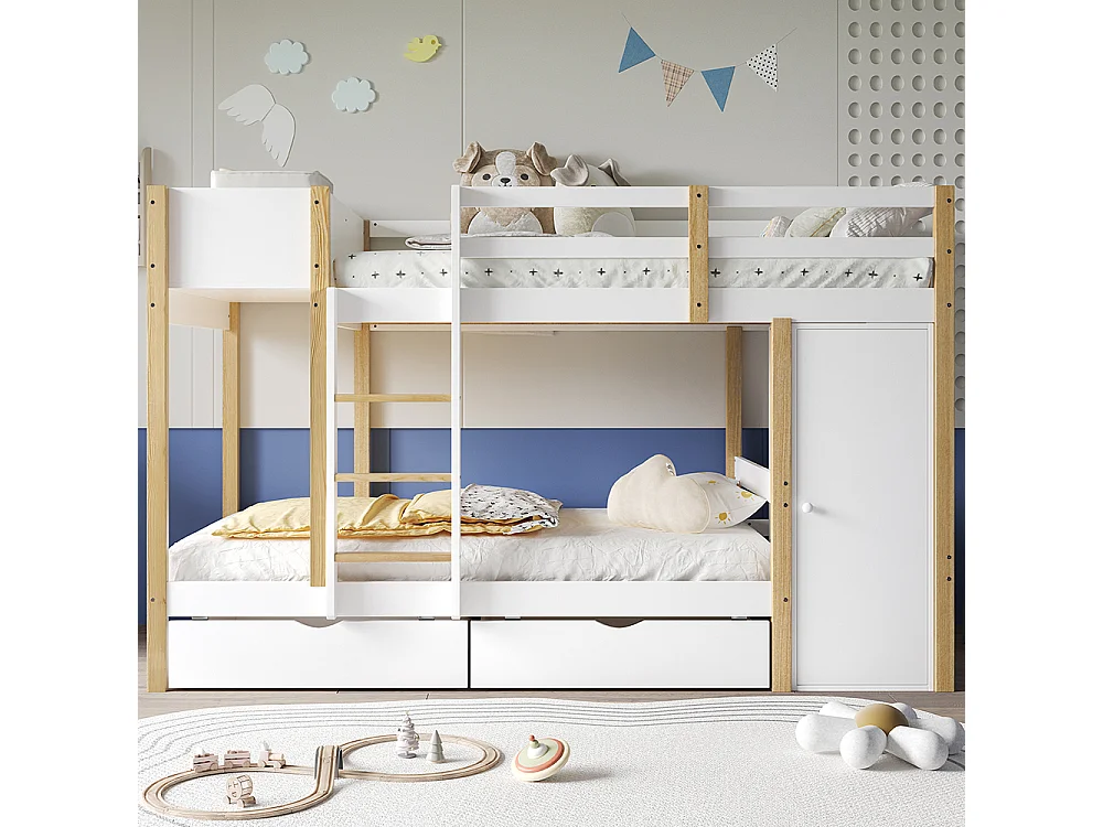 Litera infantil 90x200 cm, con escalera de 3 peldaños, 2 armarios, 2 cajones con ruedas, pino + MDF, blanco + natural