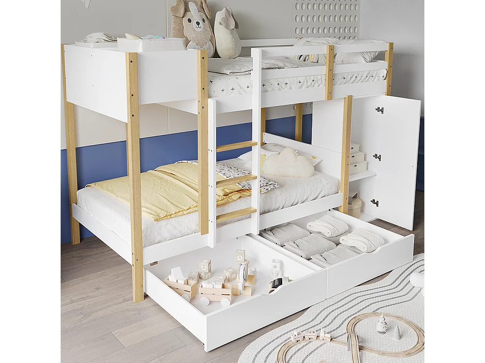 Litera infantil 90x200 cm, con escalera de 3 peldaños, 2 armarios, 2 cajones con ruedas, pino + MDF, blanco + natural