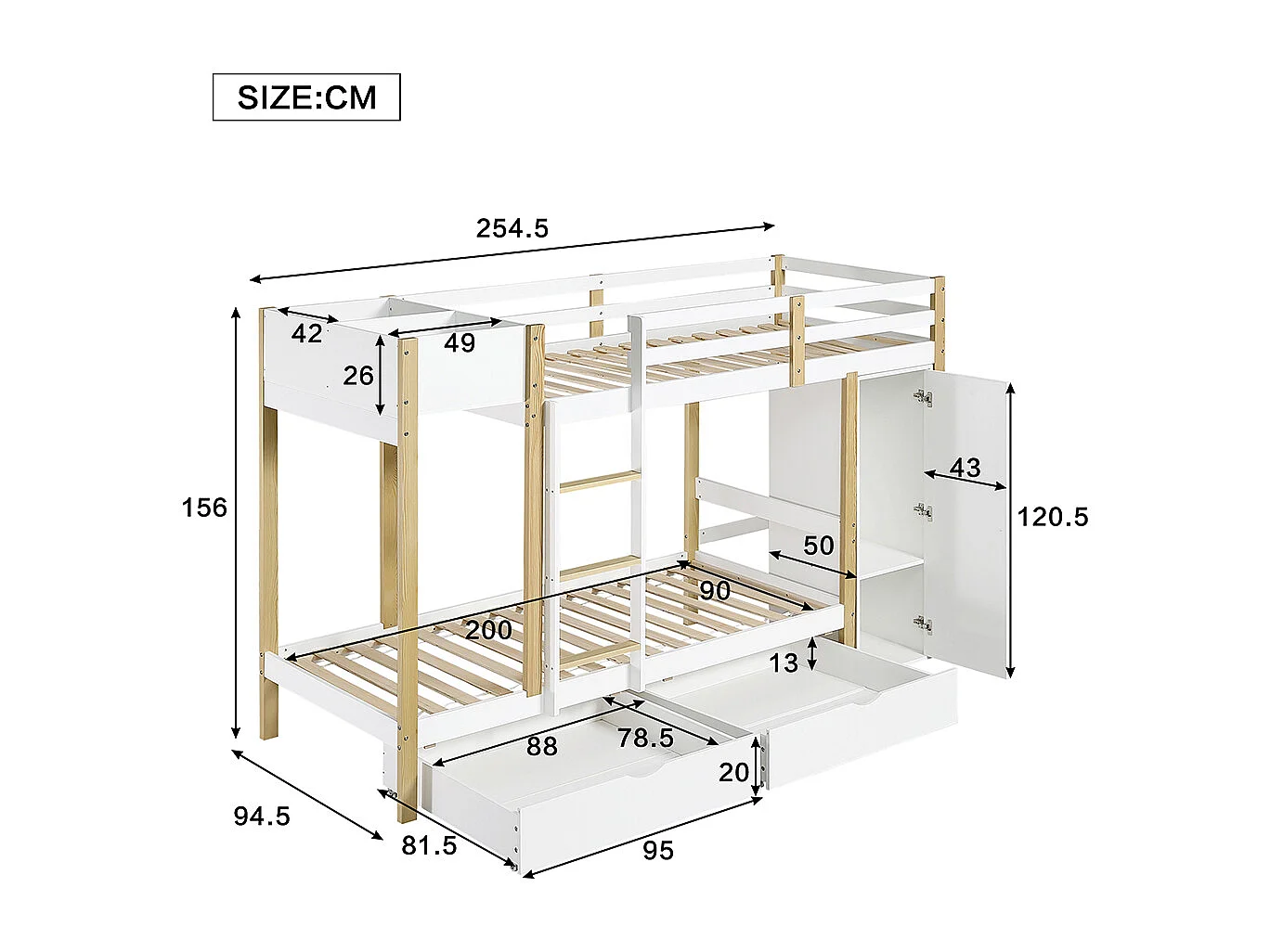 Litera infantil 90x200 cm, con escalera de 3 peldaños, 2 armarios, 2 cajones con ruedas, pino + MDF, blanco + natural