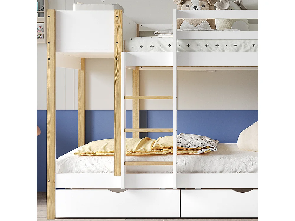 Litera infantil 90x200 cm, con escalera de 3 peldaños, 2 armarios, 2 cajones con ruedas, pino + MDF, blanco + natural