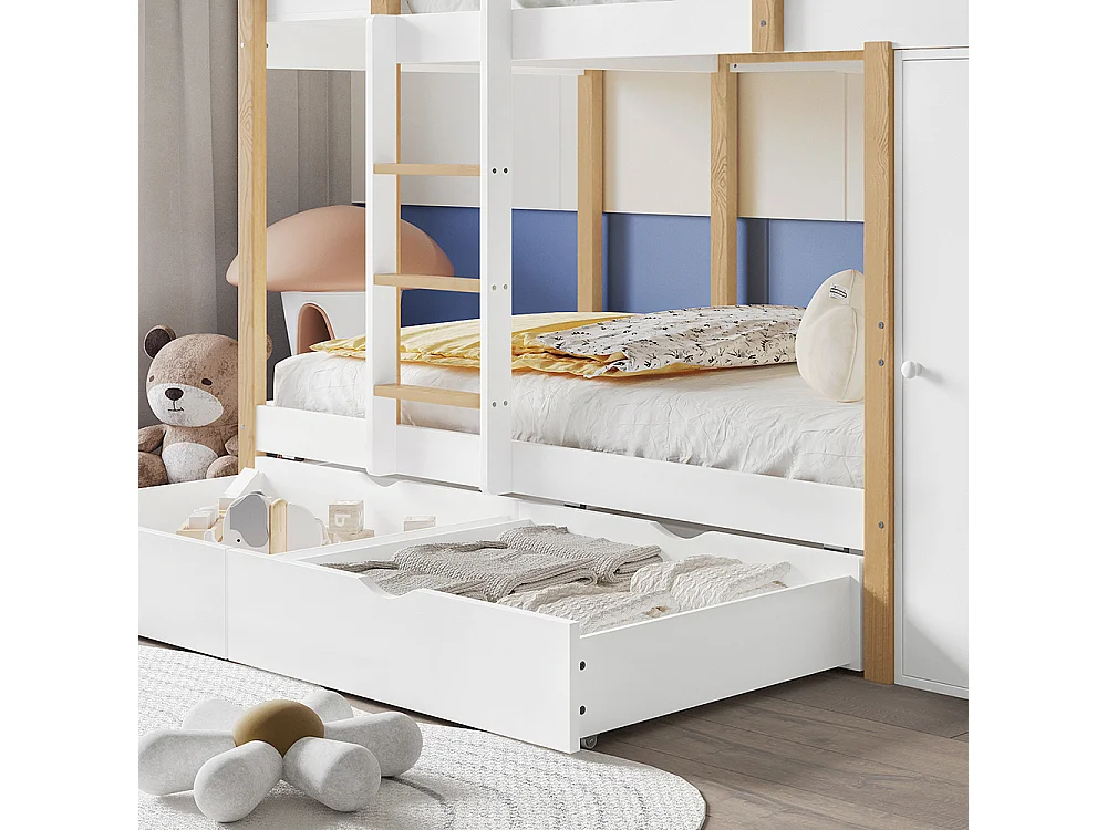Litera infantil 90x200 cm, con escalera de 3 peldaños, 2 armarios, 2 cajones con ruedas, pino + MDF, blanco + natural
