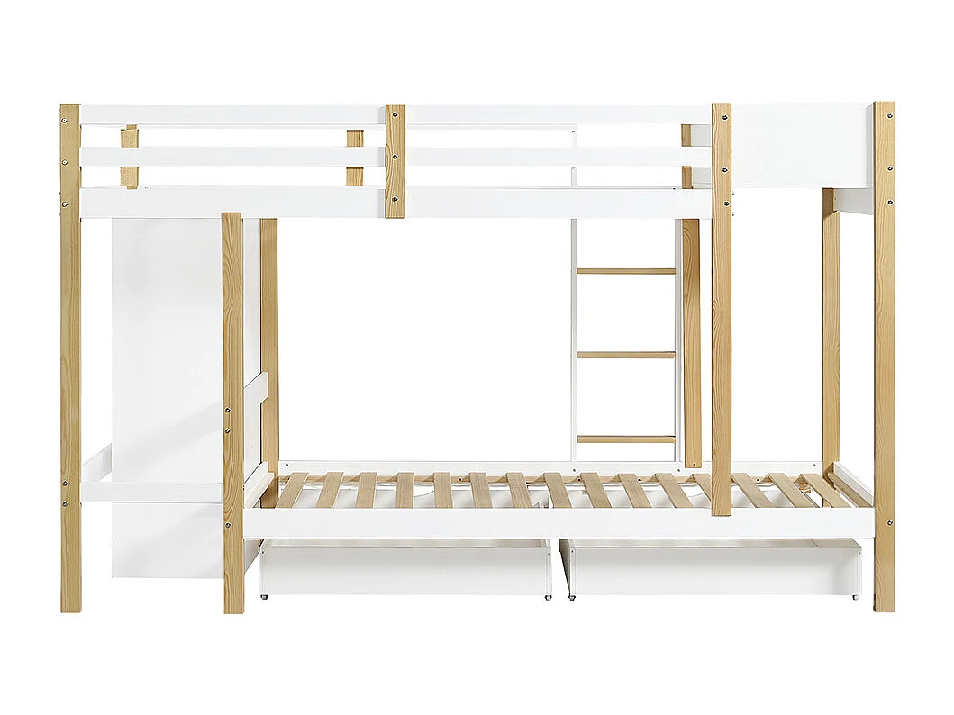 Litera infantil 90x200 cm, con escalera de 3 peldaños, 2 armarios, 2 cajones con ruedas, pino + MDF, blanco + natural