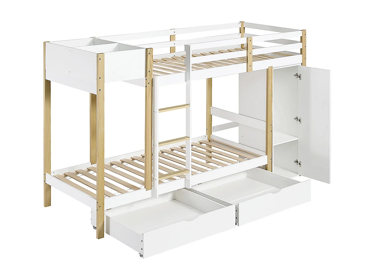 Litera infantil 90x200 cm, con escalera de 3 peldaños, 2 armarios, 2 cajones con ruedas, pino + MDF, blanco + natural