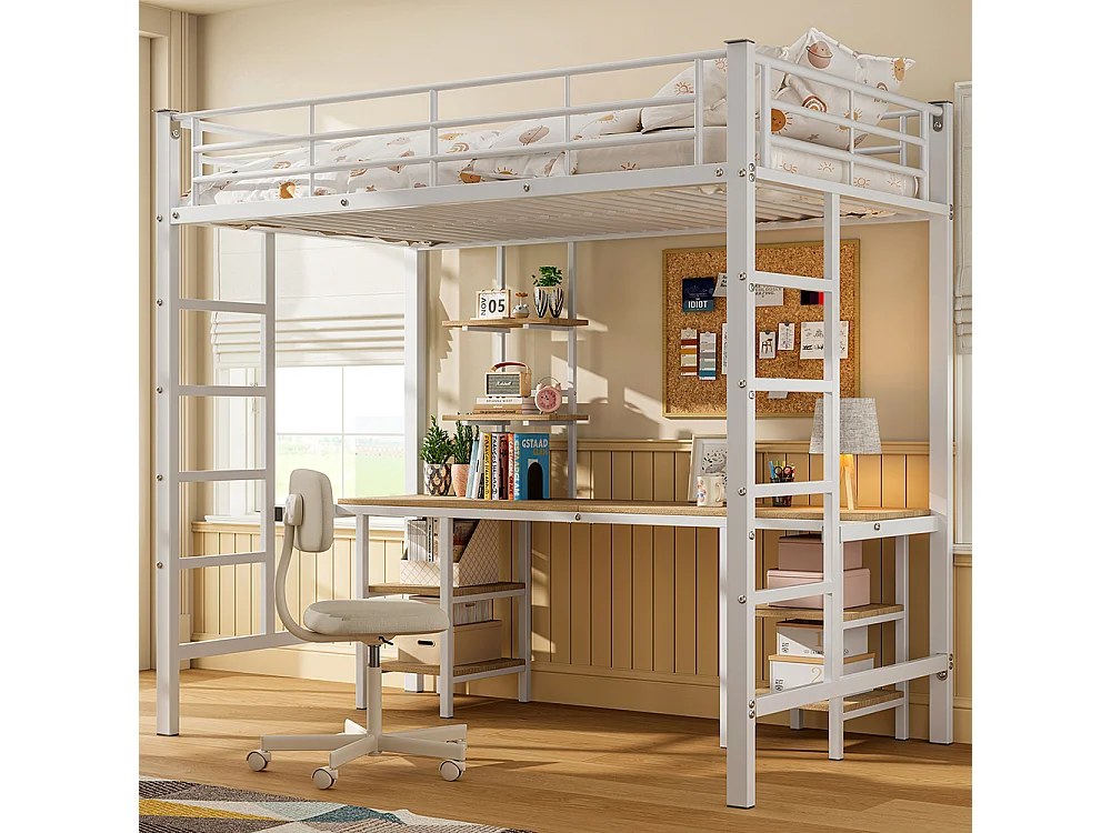 Lit superposé pour enfants avec table et étagère, avec échelle latérale, avec protection contre les chocs, fer + MDF, blanc, 90x200 cm