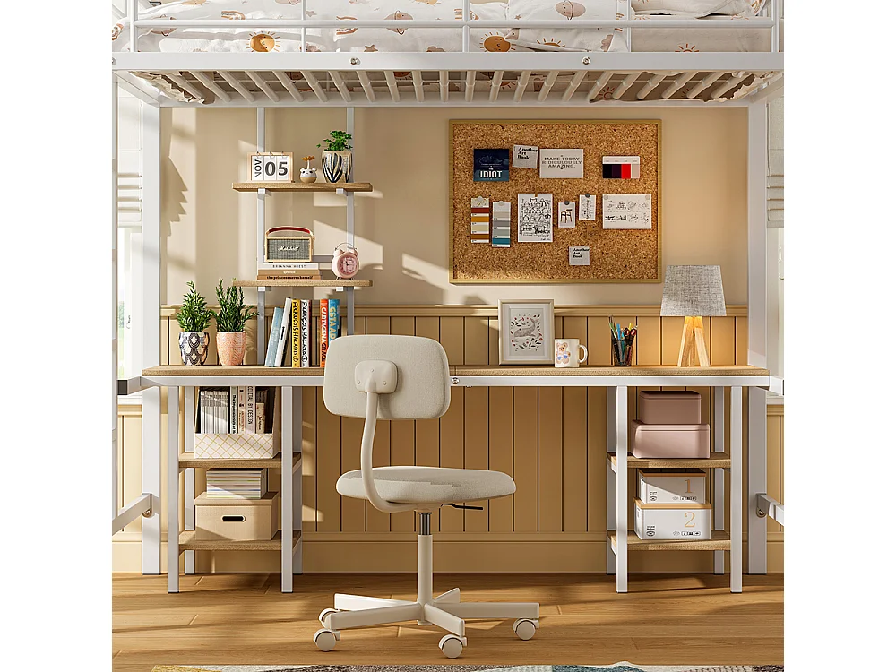 Lit superposé pour enfants avec table et étagère, avec échelle latérale, avec protection contre les chocs, fer + MDF, blanc, 90x200 cm