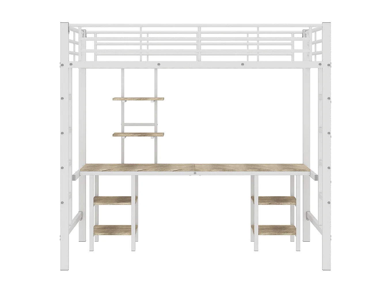 Lit superposé pour enfants avec table et étagère, avec échelle latérale, avec protection contre les chocs, fer + MDF, blanc, 90x200 cm