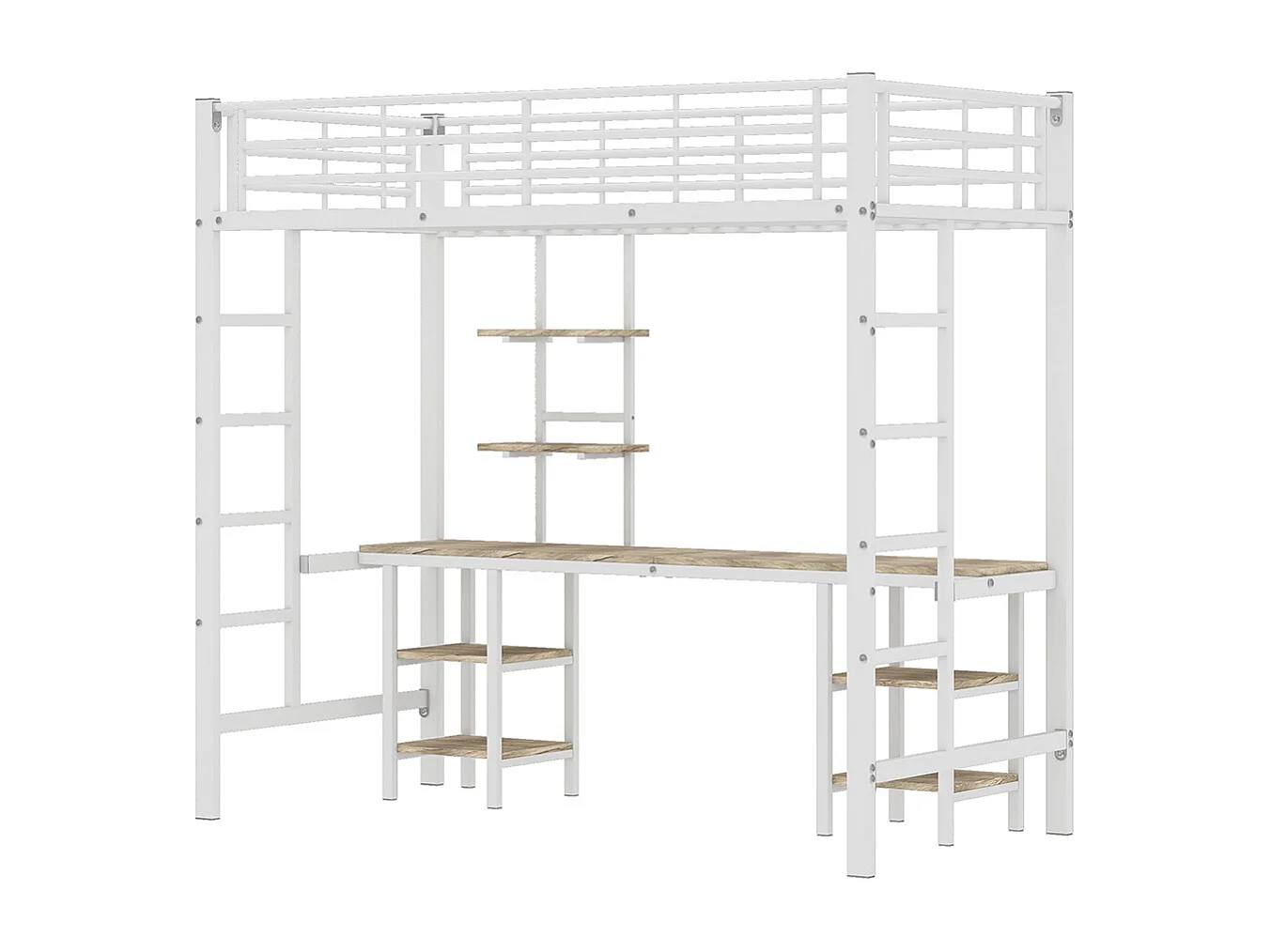 Lit superposé pour enfants avec table et étagère, avec échelle latérale, avec protection contre les chocs, fer + MDF, blanc, 90x200 cm