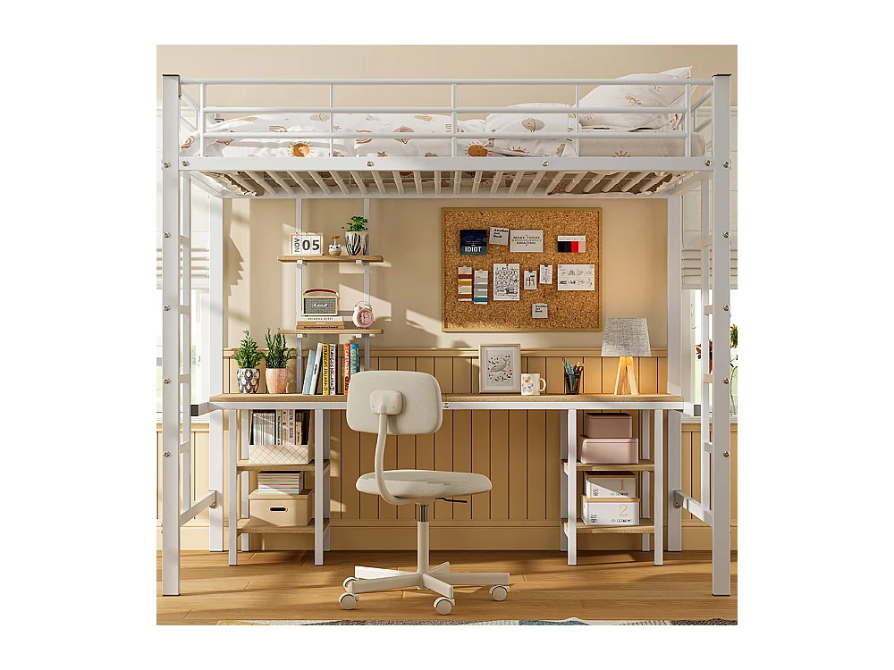 Lit superposé pour enfants avec table et étagère, avec échelle latérale, avec protection contre les chocs, fer + MDF, blanc, 90x200 cm
