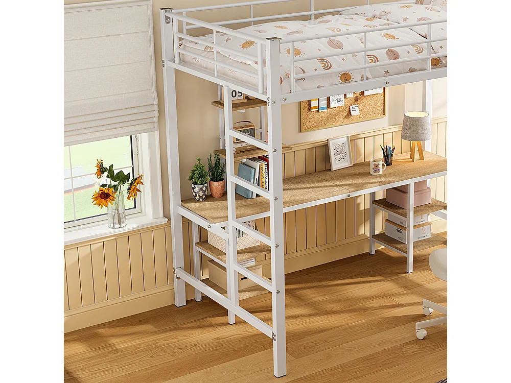 Lit superposé pour enfants avec table et étagère, avec échelle latérale, avec protection contre les chocs, fer + MDF, blanc, 90x200 cm