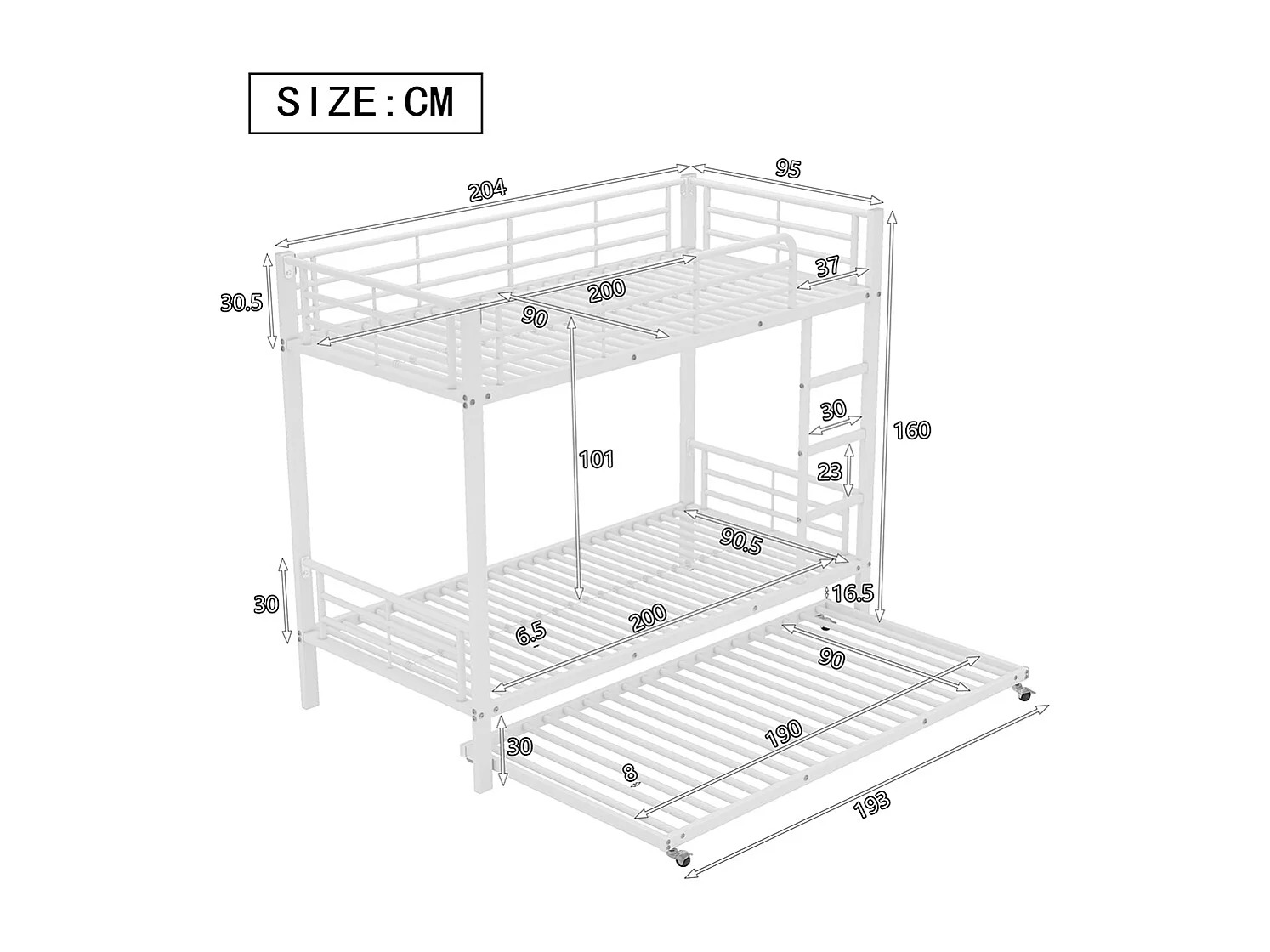 Lit superposé pour enfants avec lit escamotable, lit supérieur avec quatre barrières latérales, fer, blanc, 90x200cm+90x190cm