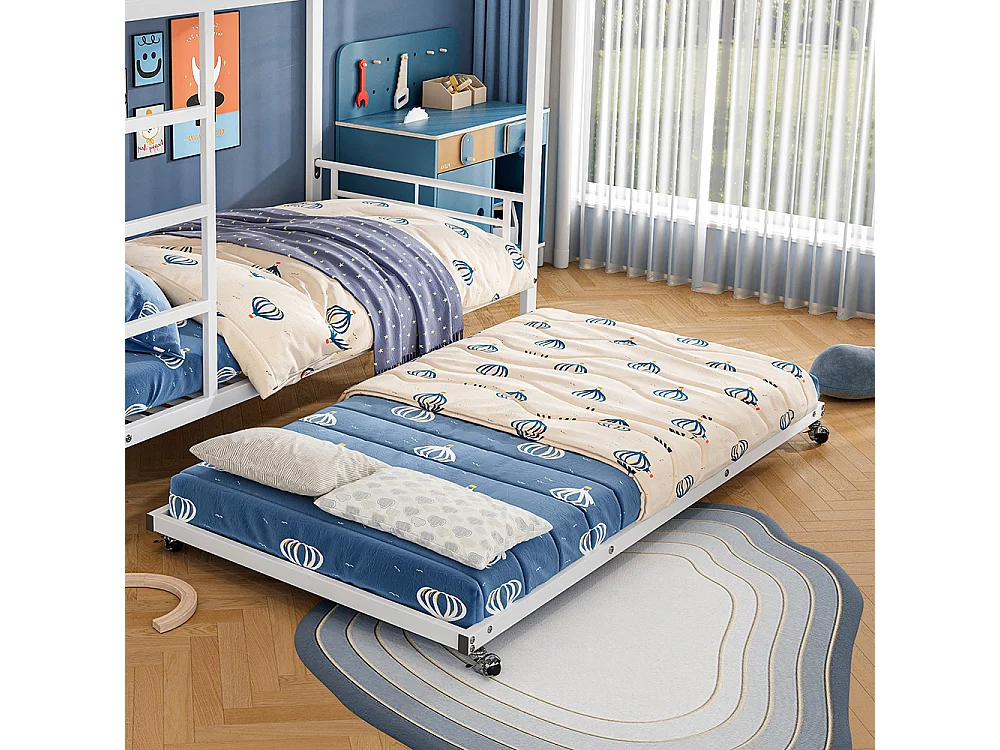 Lit superposé pour enfants avec lit escamotable, lit supérieur avec quatre barrières latérales, fer, blanc, 90x200cm+90x190cm