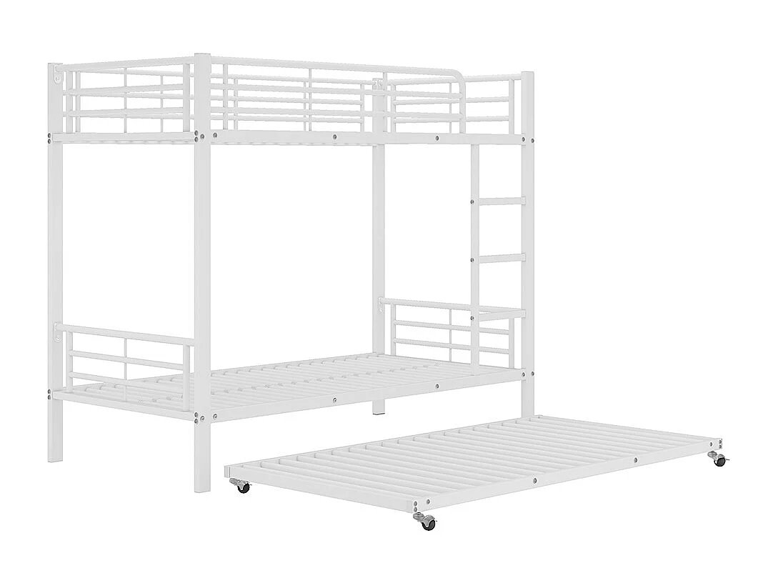 Lit superposé pour enfants avec lit escamotable, lit supérieur avec quatre barrières latérales, fer, blanc, 90x200cm+90x190cm