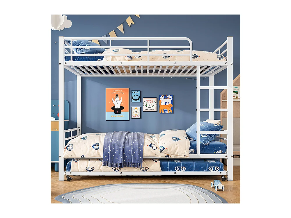 Lit superposé pour enfants avec lit escamotable, lit supérieur avec quatre barrières latérales, fer, blanc, 90x200cm+90x190cm
