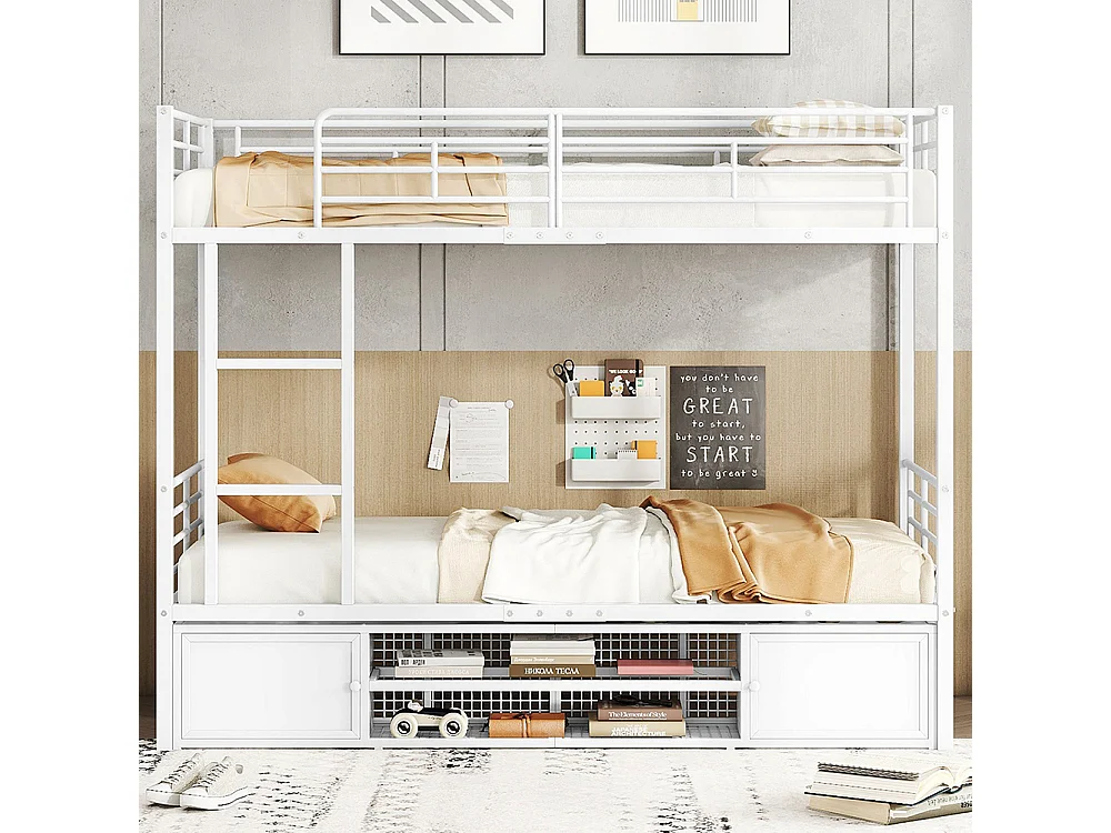 Lit superposé pour enfants, armoire à chaussures ouverte, petite armoire de rangement à deux portes, avec échelle latérale, fer, blanc, 90x200 cm