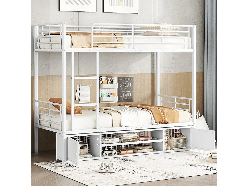 Lit superposé pour enfants, armoire à chaussures ouverte, petite armoire de rangement à deux portes, avec échelle latérale, fer, blanc, 90x200 cm