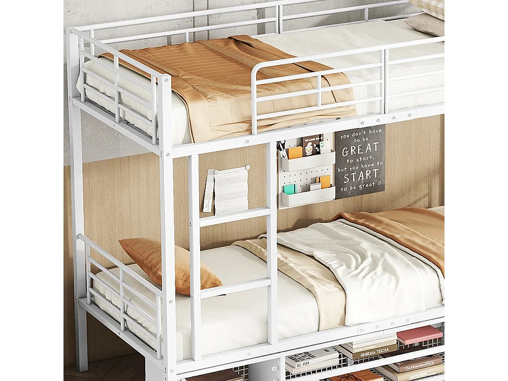 Lit superposé pour enfants, armoire à chaussures ouverte, petite armoire de rangement à deux portes, avec échelle latérale, fer, blanc, 90x200 cm