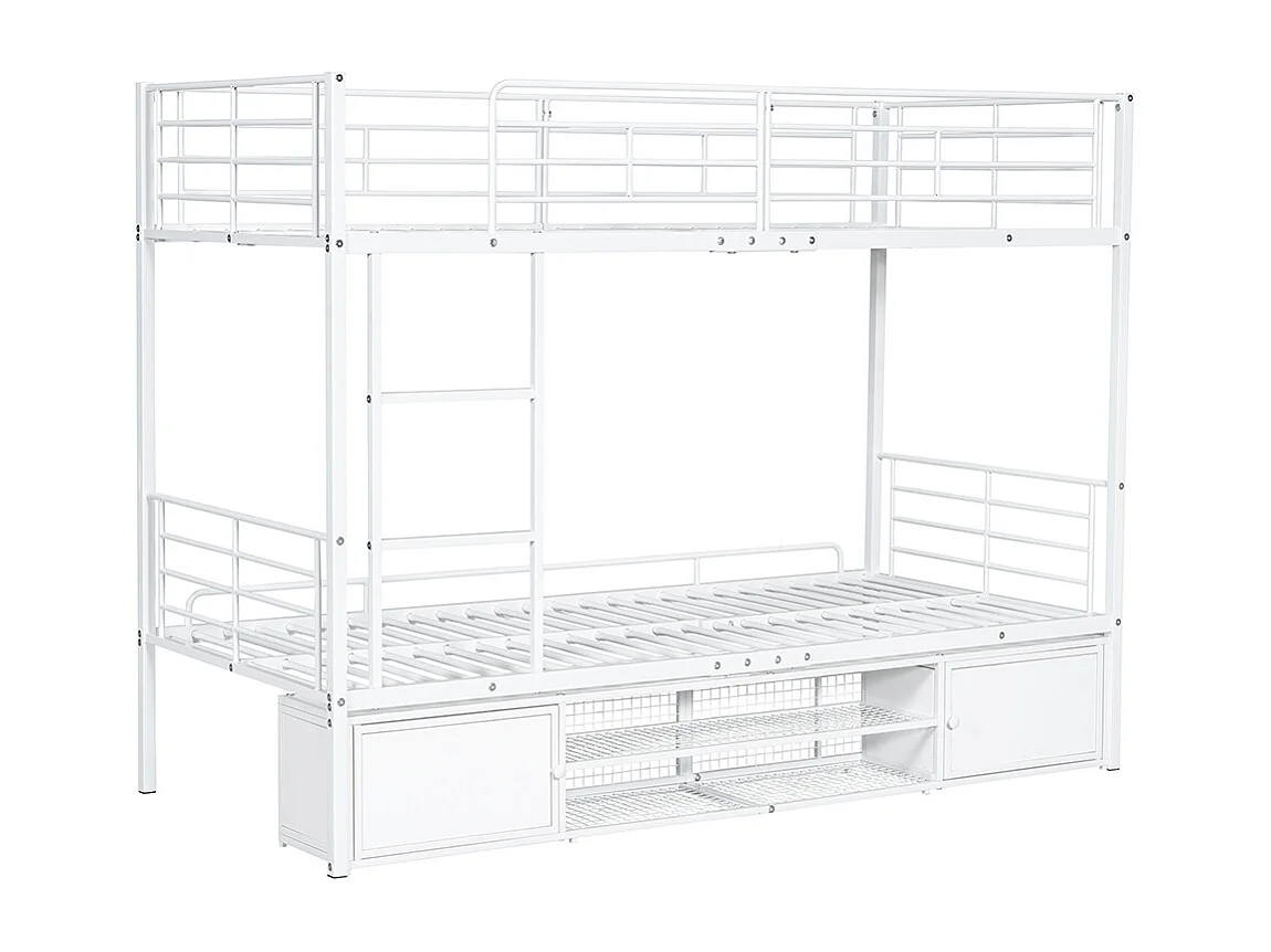 Lit superposé pour enfants, armoire à chaussures ouverte, petite armoire de rangement à deux portes, avec échelle latérale, fer, blanc, 90x200 cm
