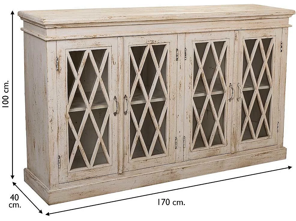Credenza in legno e vetro artigianale bianco 170x40x100