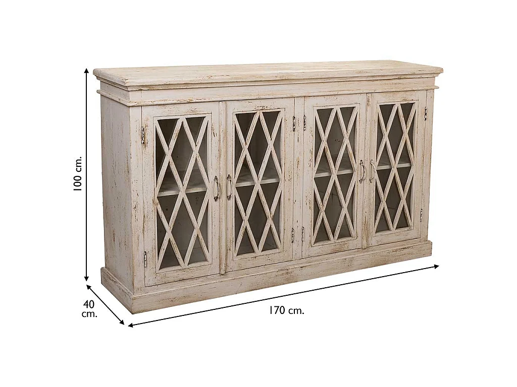 Credenza in legno e vetro artigianale bianco 170x40x100