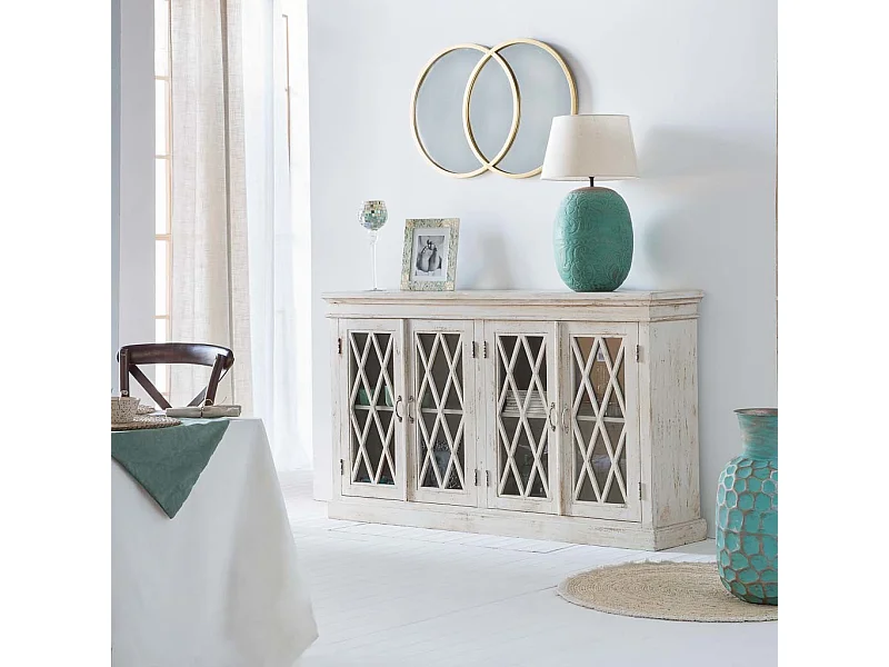 Credenza in legno e vetro artigianale bianco 170x40x100