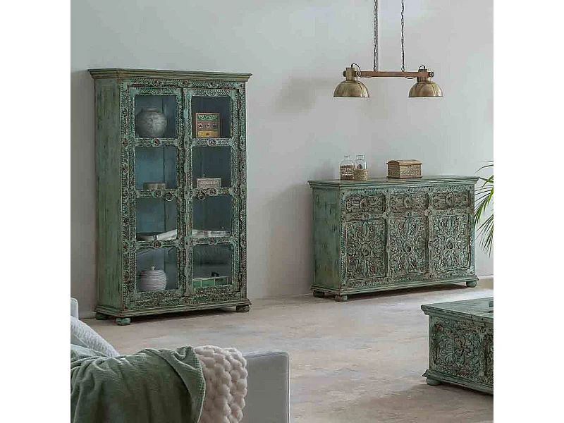 Vetrina in legno intagliato blu 106x43x180