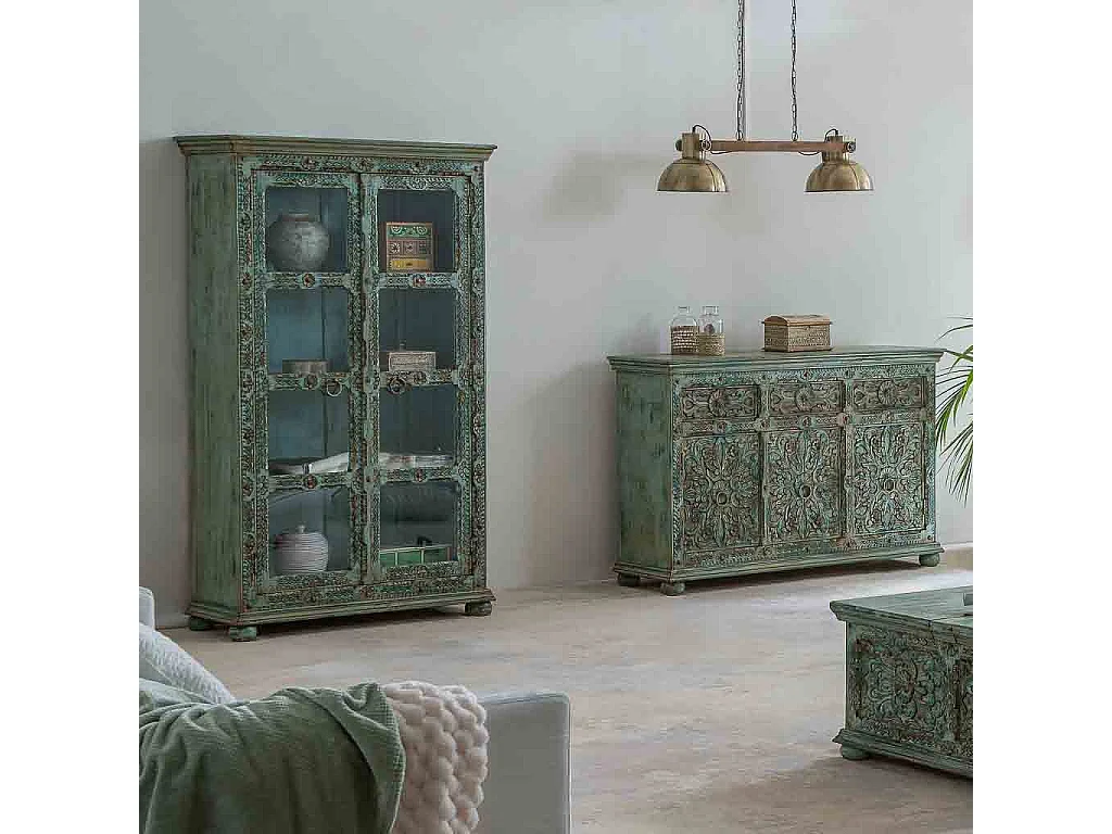 Vetrina in legno intagliato blu 106x43x180