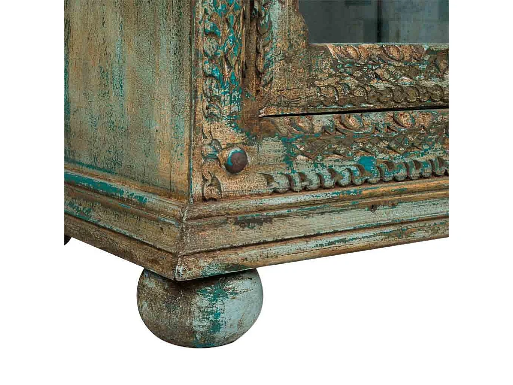 Vetrina in legno intagliato blu 106x43x180