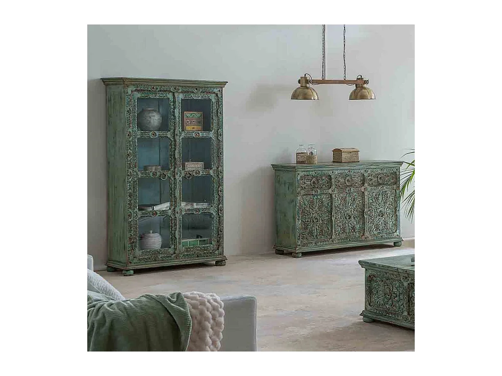 Vitrina de madera tallada azul 106x43x180 cm