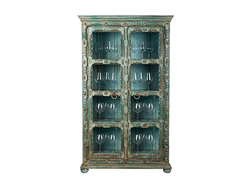 Vitrine en bois sculpté bleu 106x43x180