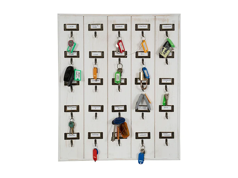 BISCOTTINI Porte-Clés en Bois - Finition Blanc Antique - Décoration d’Entrée - Rangement - Suspendu - Support Mural -  49.5 x 4 x 60 cm - 25 crochets